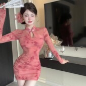 连衣裙女技师服 旗袍裙网纱长袖 复古气质性感显白性感修身 包臀短款