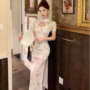 夏季新款中式印花网纱旗袍连衣裙女技师服纯欲性感修身开叉长裙子