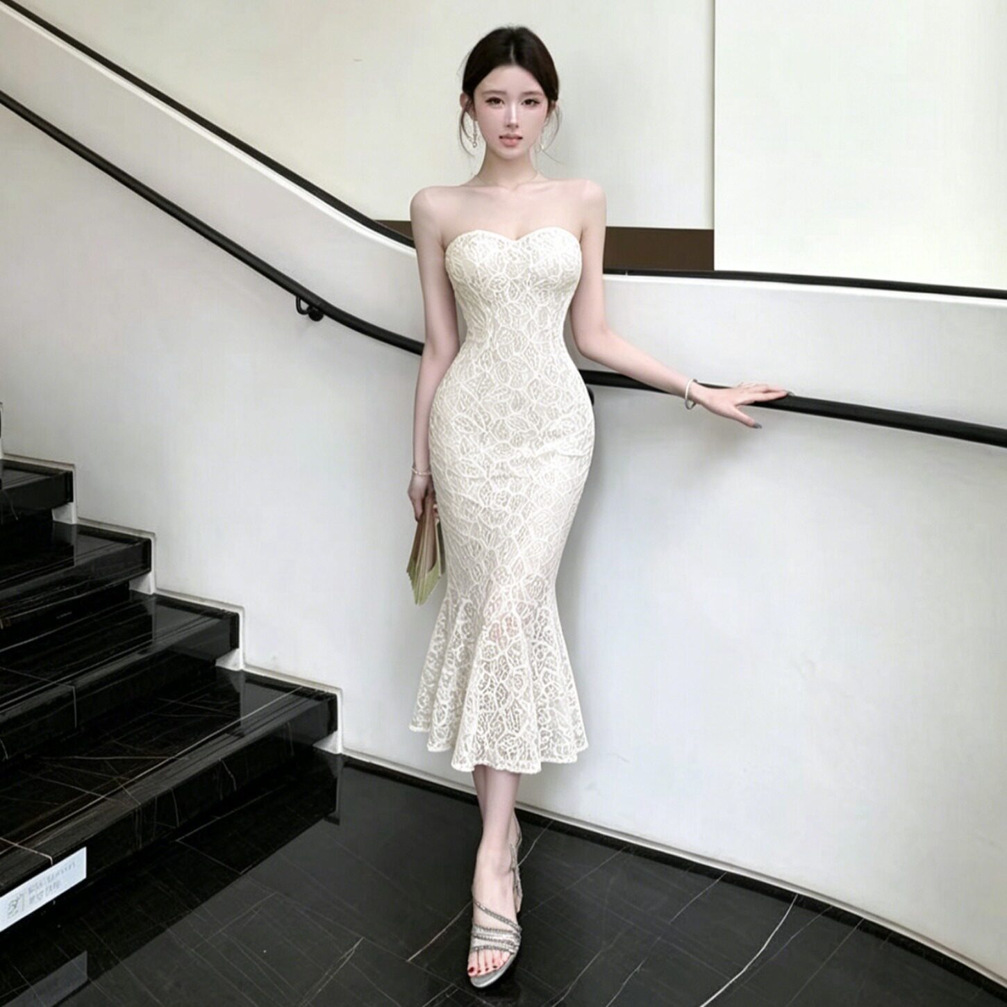 名媛风抹胸鱼尾连衣裙蕾丝带胸垫