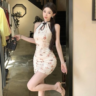 2025新中式复古国风短款旗袍连衣裙女技师服纯欲性感修身包臀裙子