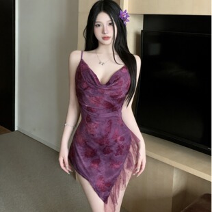 紫色印花不规则开叉性感辣妹露背吊带连衣裙女夜场KTV上班超短裙