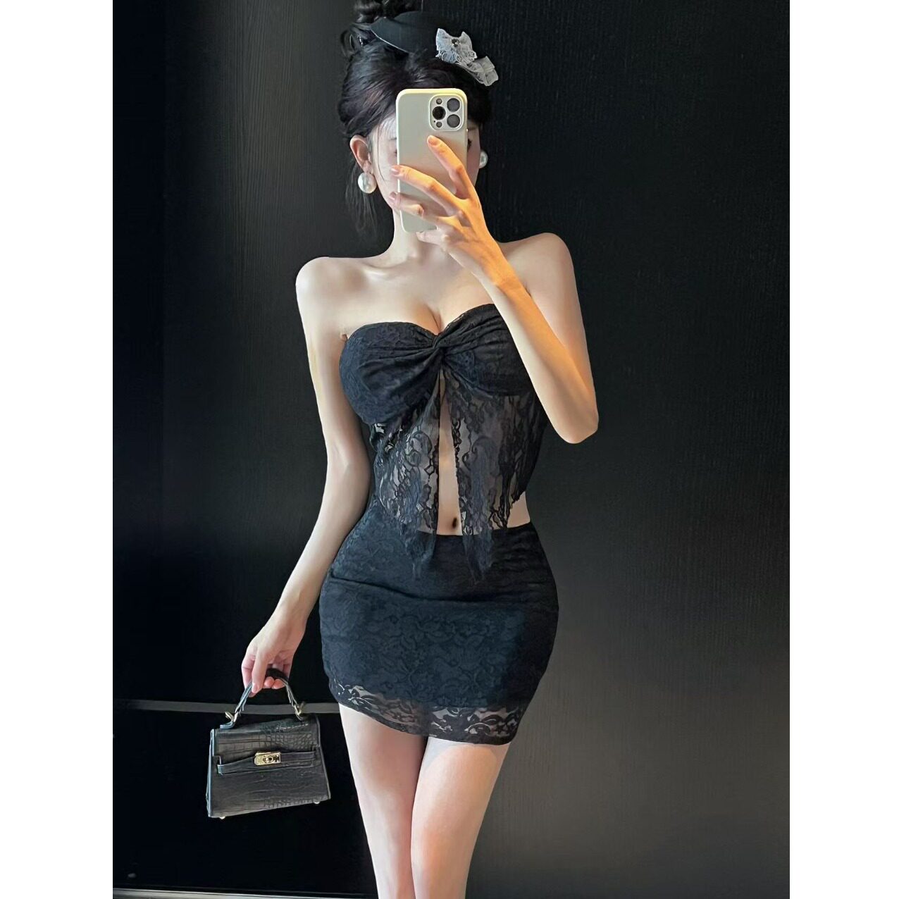 小众约会性感辣妹套装女黑色蕾丝开叉抹胸包臀半身裙超短裙两件套