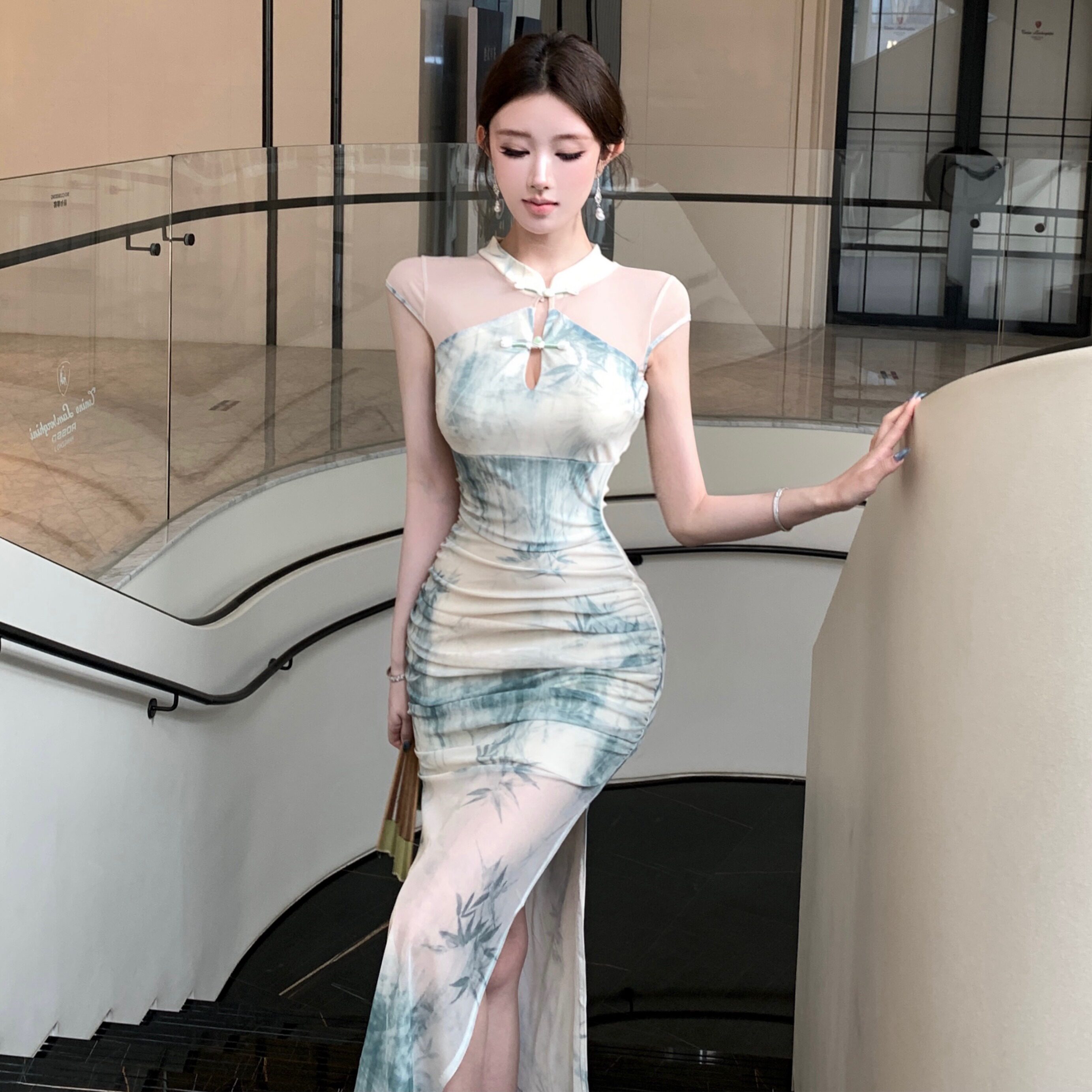 复古新中式气质性感网纱镂空修身开叉长款旗袍连衣裙女技师工作服