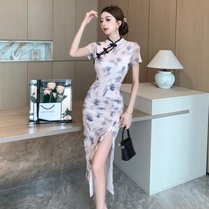 日常可穿新中式年轻款少女绝美超仙气质纯欲印花短袖开叉改良旗袍