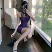 包臀性感蕾丝无袖 复古新中式 紫色显白修身 旗袍连衣裙女技师工作服