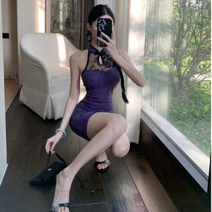 复古新中式紫色显白修身包臀性感蕾丝无袖旗袍连衣裙女技师工作服