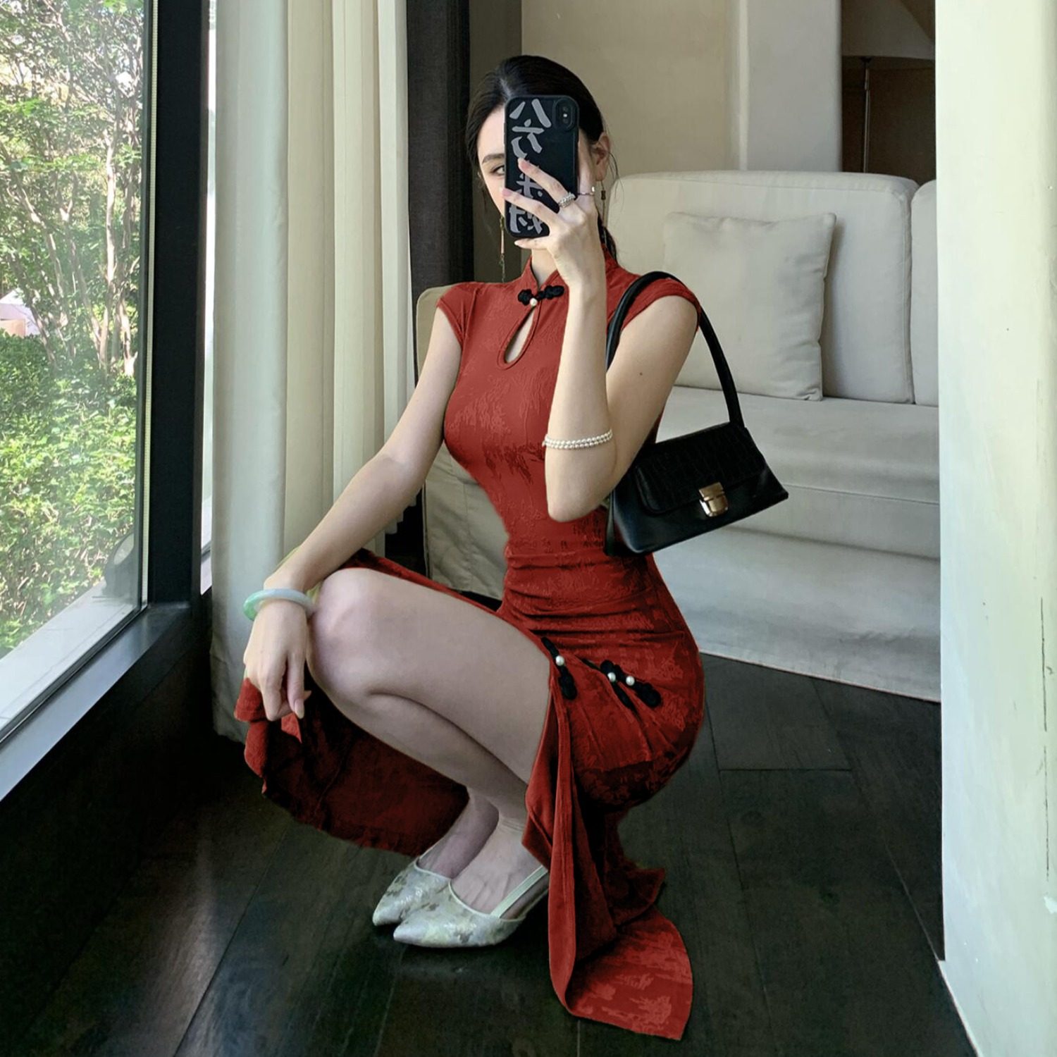 复古约会长款开叉旗袍显瘦显白
