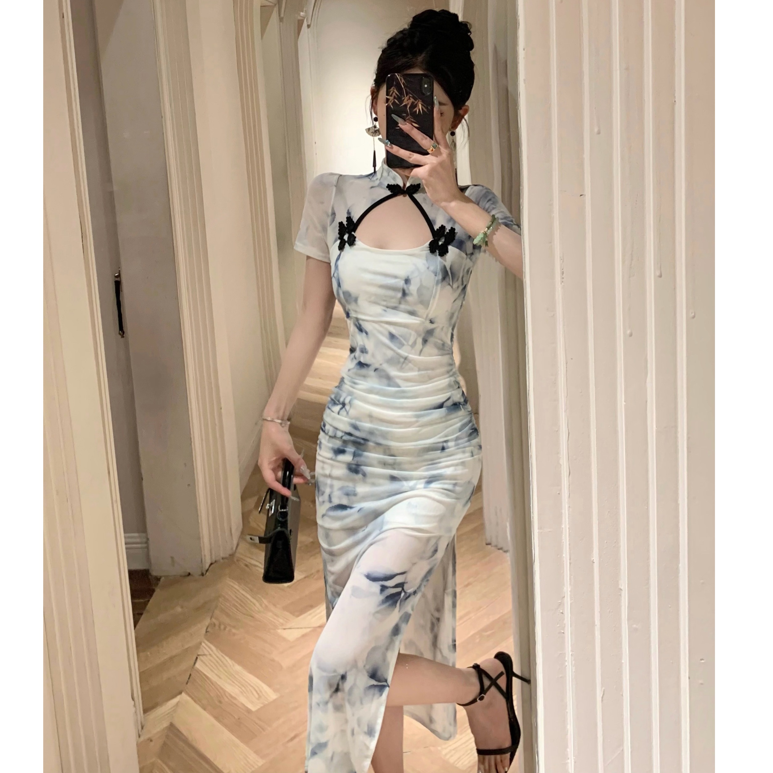 復古風表演中長款鏤空開叉旗袍