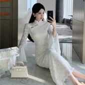 旗袍礼服连衣裙女气质温柔仙女裙 蕾丝长款 高级感新中式 国风喇叭袖