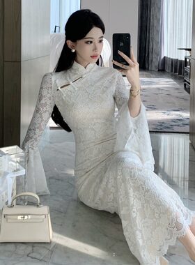 喇叭袖宴会旗袍国风长裙礼服蕾丝