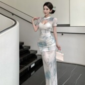 旗袍连衣裙女技师工作服 包臀开叉网纱短袖 气质纯欲性感新中式 修身