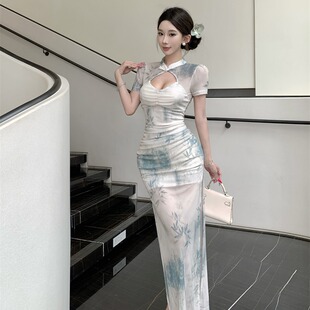 气质纯欲性感新中式修身包臀开叉网纱短袖旗袍连衣裙女技师工作服