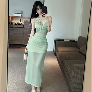 夏季网纱拼接透视性感纯欲风吊带连衣裙女技师服修身包臀开叉长裙