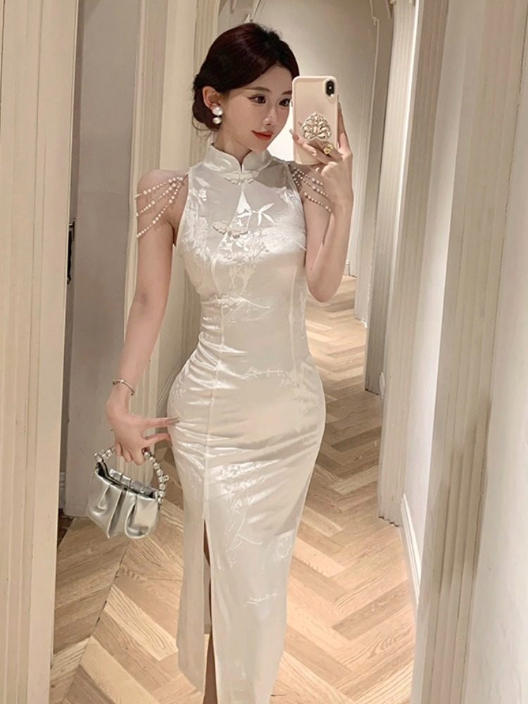 名媛风丝绒压花挂饰珍珠设计旗袍性感优雅气质露肩开叉修身连衣裙,女装/女士精品,旗袍,淘宝优惠券,粉丝福利购,淘宝优惠卷