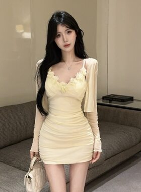 性感吊带裙网纱纯色褶皱显身材