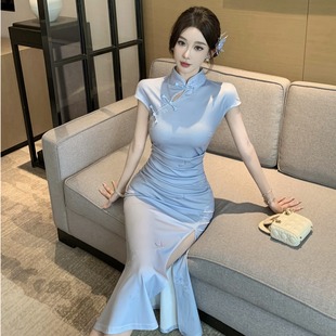 新中式国风气质温柔显白日常旗袍连衣裙女夏季收腰包臀开叉长裙子