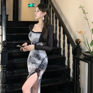 气质纯欲网红小众设计高级感新中式连衣裙女收腰显瘦开叉网纱长裙