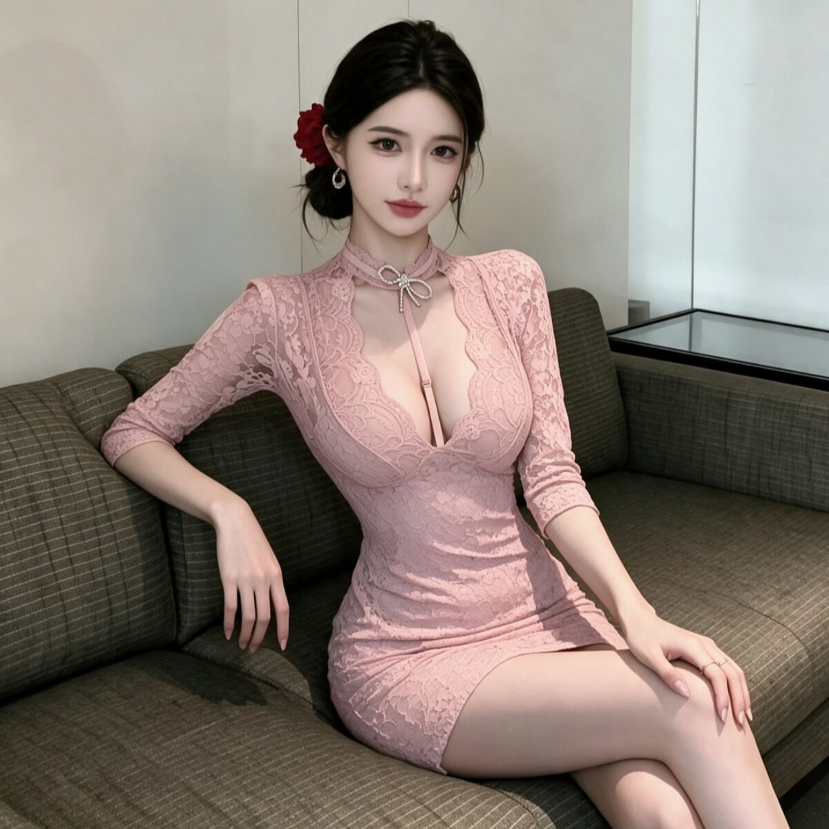 性感修身包臀连衣裙蕾丝显身材