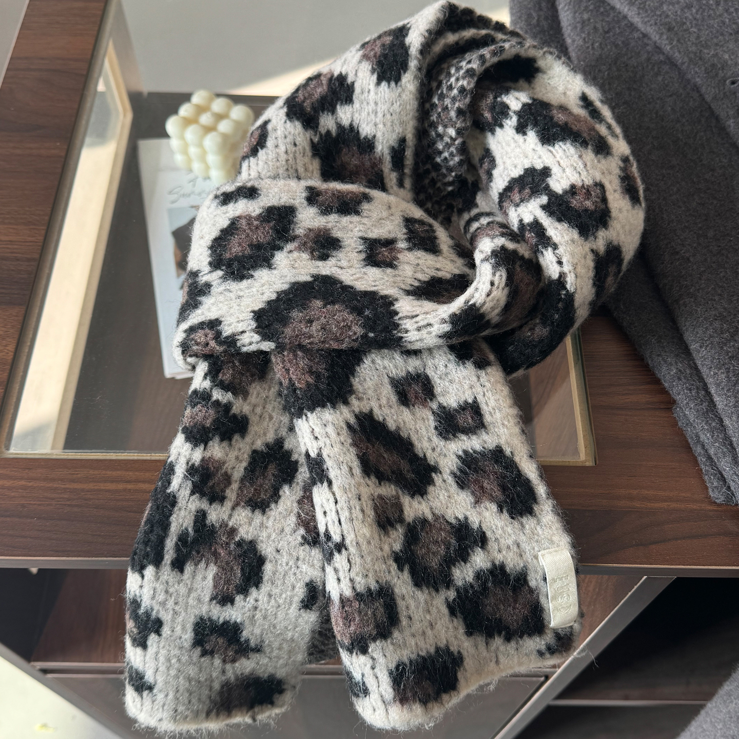 豹纹羊毛混纺针织围巾秋冬长围脖