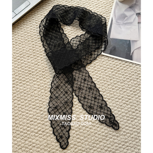 MIXMISS【黑天鹅】法式森系黑色蕾丝刺绣丝巾细长颈巾韩版长发带