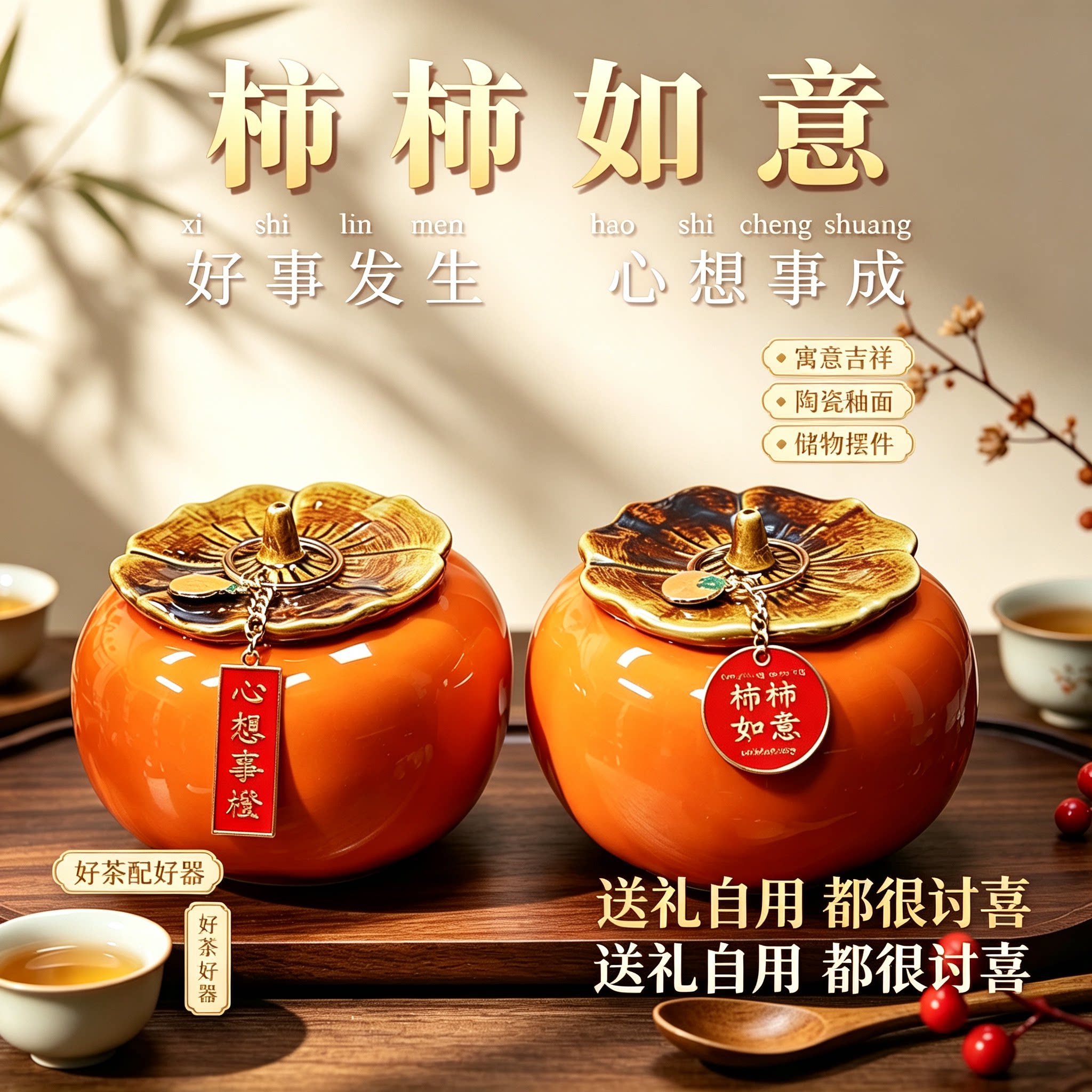 乔迁新居中式柿柿如意茶几摆件