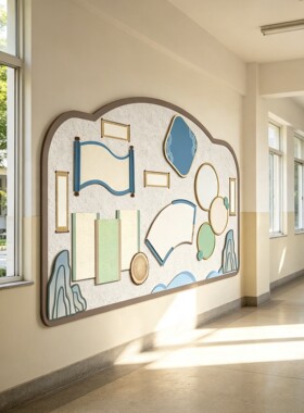 幼儿园小学校园绿色黄蓝色系原木风多巴胺美拉德色系方框主题墙