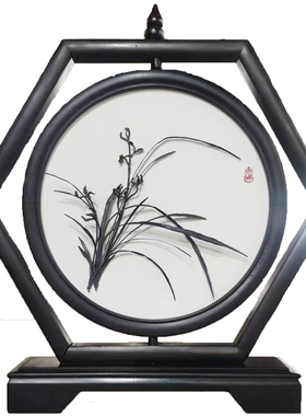 芜湖储氏铁画六边菱形实木框双面座屏屏风纯手工桌面摆件兰草和字