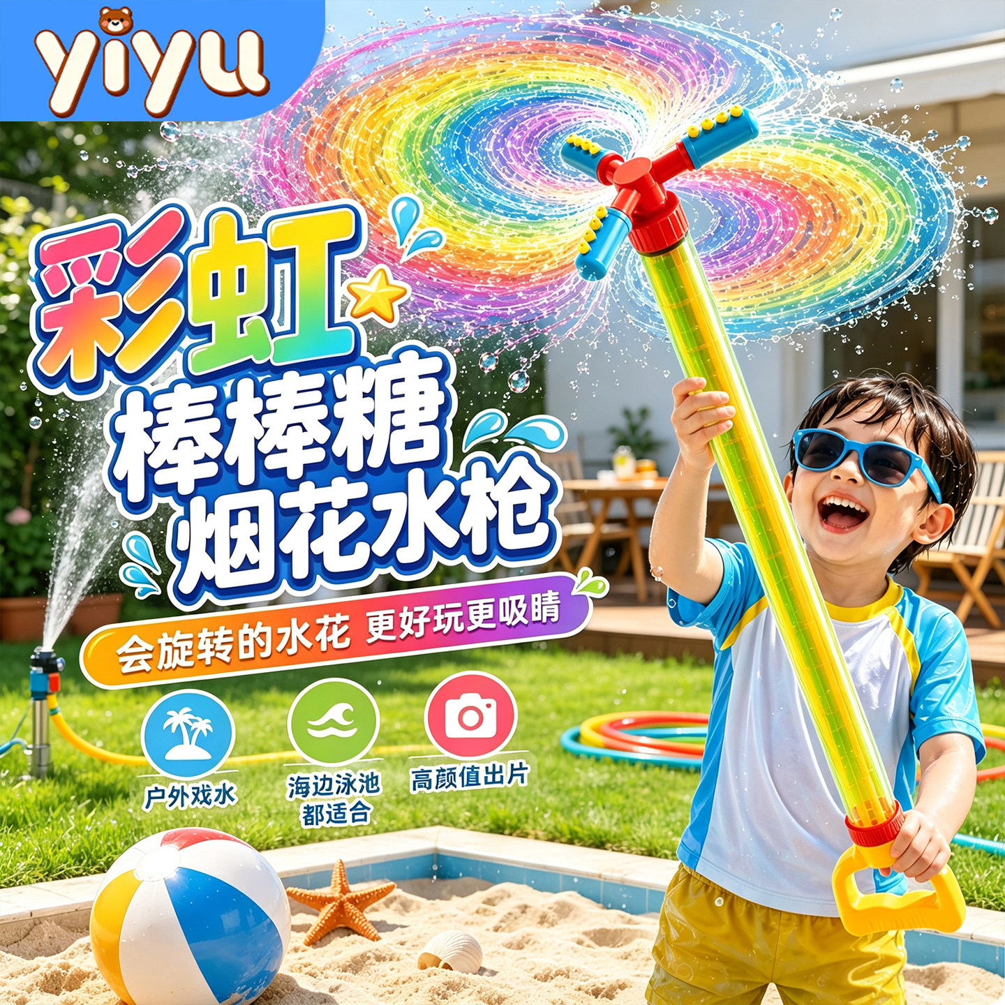 彩虹棒棒糖烟花水枪儿童玩具喷水2026新款抽拉式大容量玩水装备呲