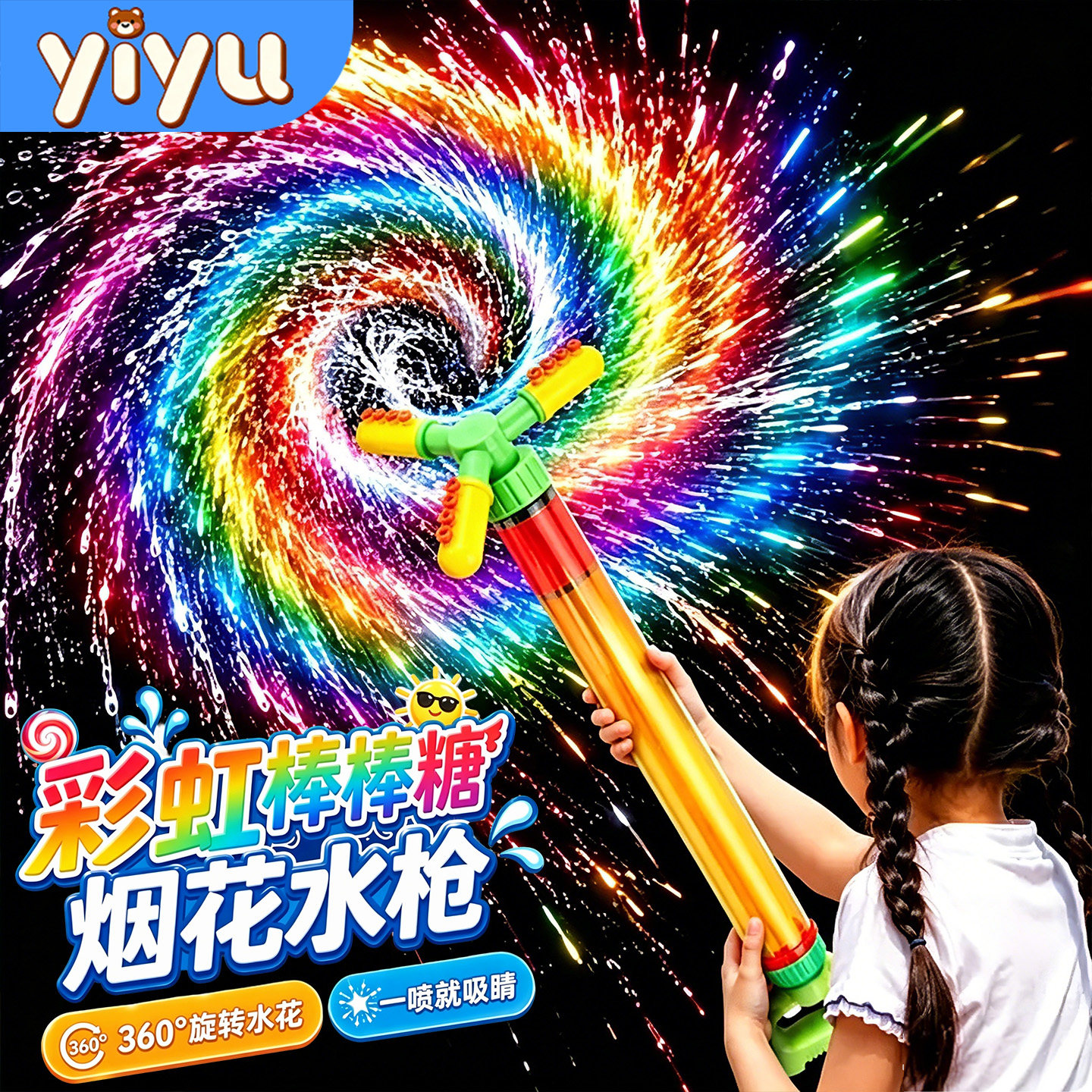 彩虹棒棒糖旋转烟花水枪抽拉式儿童玩具喷水大容量打水仗神器1到3