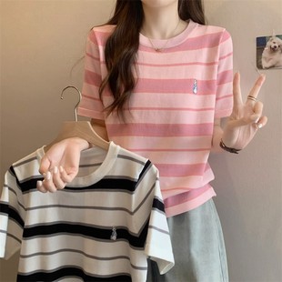显瘦复古绿色条纹短袖 上衣 t恤女国潮牌夏季 宽松正肩百搭休闲半袖