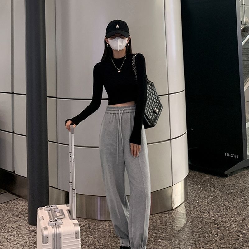 高腰短款长袖圆领T恤女