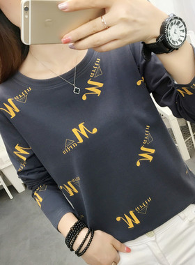 灰色印花纯色扎染长袖T恤女2022秋冬新款ins超火长袖T恤打底衫女