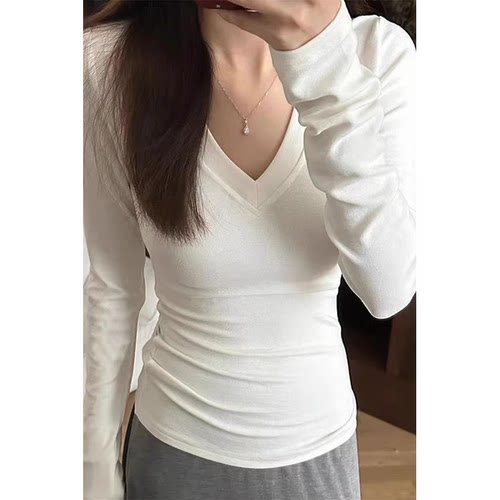 辣妹风正肩V领德绒长袖上衣女