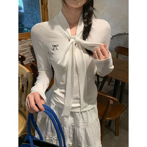 正肩绑带蝴蝶结长袖t恤女刺绣