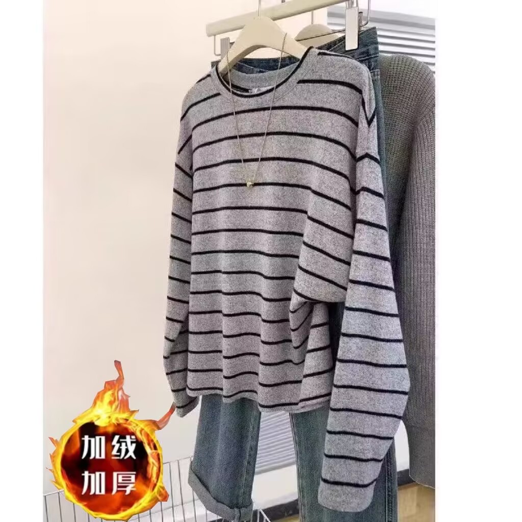 撞色条纹软糯长袖t恤女