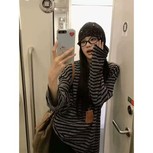 韩系撞色条纹长袖t恤女欧美风