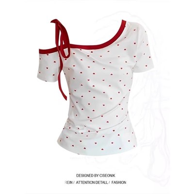 绑带白色红心点短袖t恤