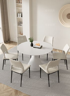 凌瑞家具家用小户型客厅圆形纯白色1米加底板哑光磨砂面岩板餐桌