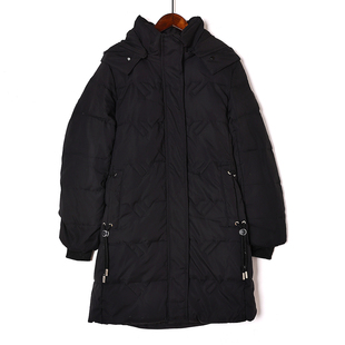 2024年女式加厚保暖连帽羽绒服简约时尚黑色中长款女式连帽羽绒服