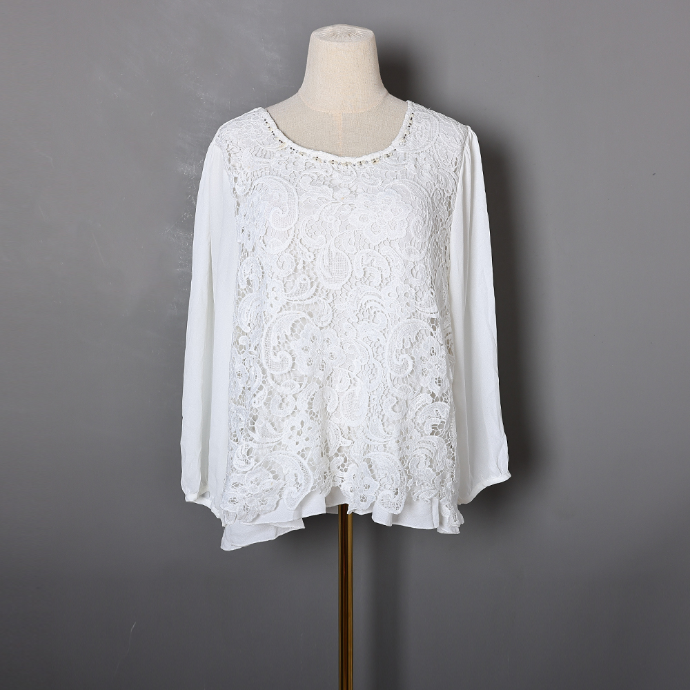 2024年初秋女式圆领套头蕾丝拼接长袖小衫时尚简约百搭通勤上衣潮