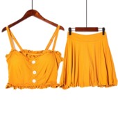 小胸聚拢少女温泉 性感保守显瘦修身 2件套分体式 泳衣吊带背心裙式