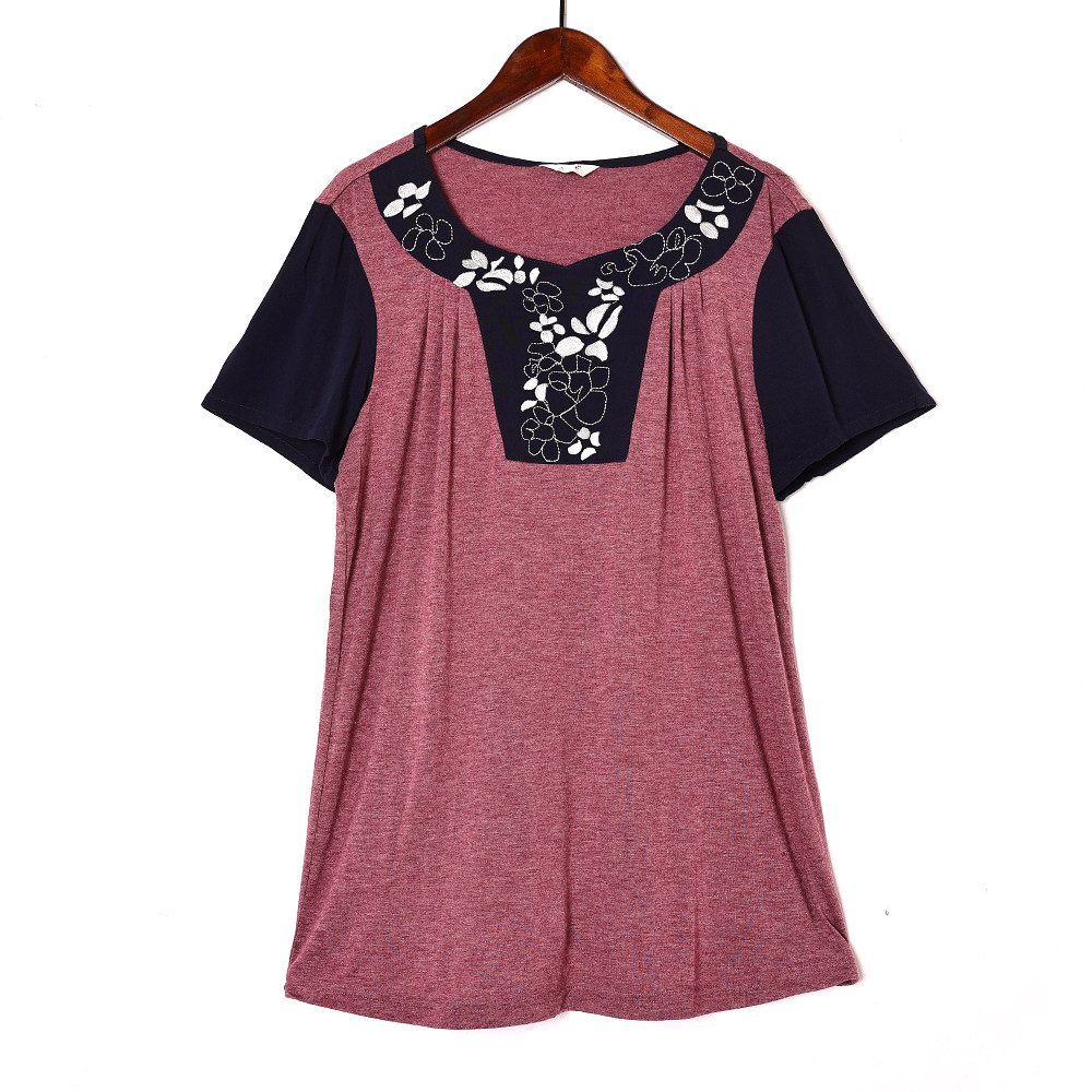 2025年夏季新品女式圆领套头撞色拼接短袖体恤时尚洋气家居上衣潮