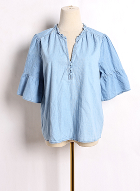 2025年夏季新品女装V领套头宽松显瘦甜美洋气短袖蓝色衬衫上衣潮