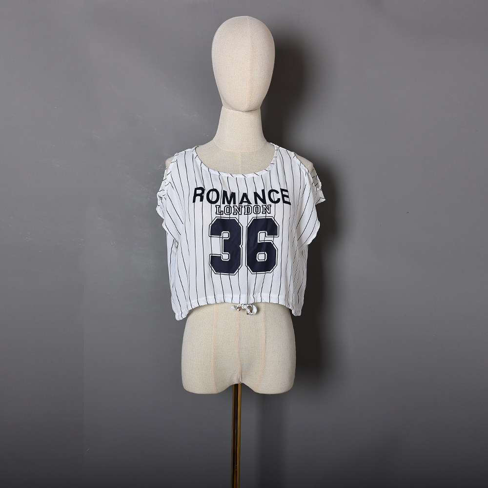 夏季时尚字母印花条纹雪纺衫性感露肩薄款时尚短款上衣