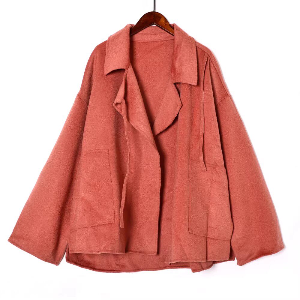 2025年秋冬季时尚通勤纯色宽松大码休闲毛呢外套韩版时尚长袖大衣