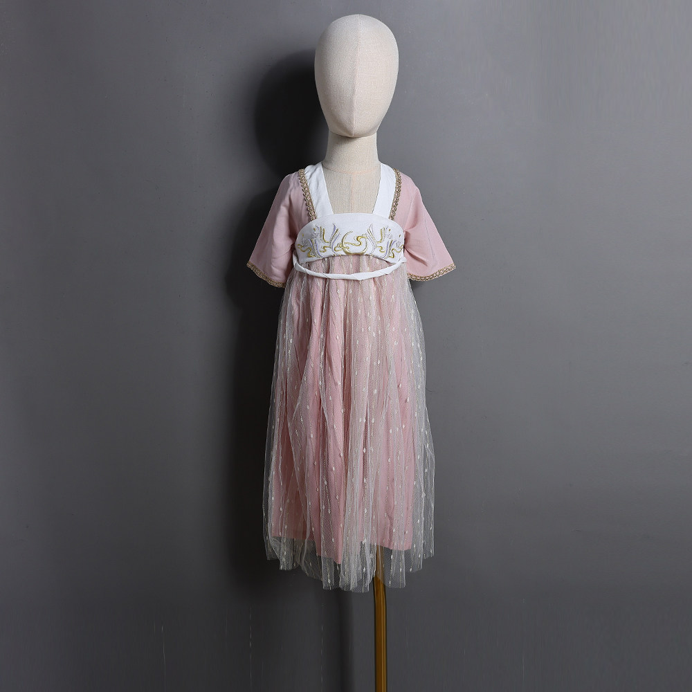 2026年夏季新品可爱女童汉服连衣裙中长款刺绣短袖连衣裙潮