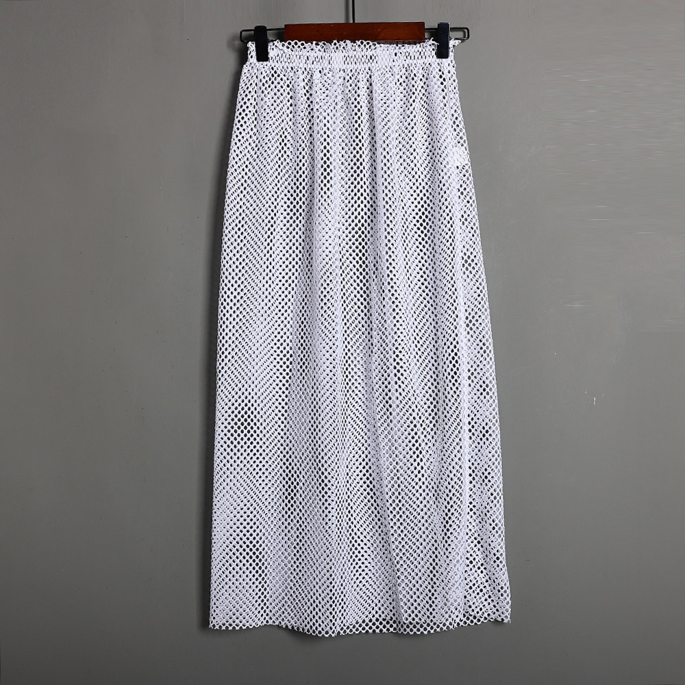 夏季时尚高腰显瘦过膝长款网纱半身裙百搭通勤镂空单层A字裙潮