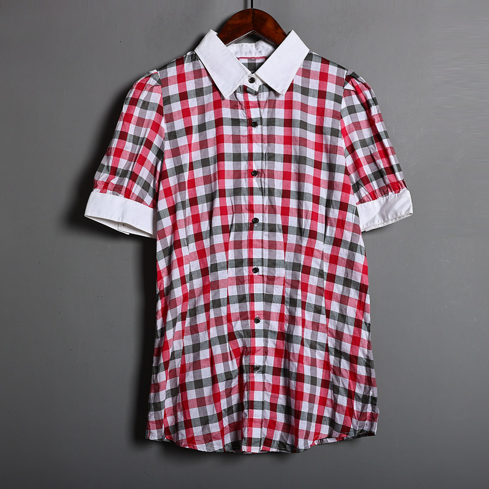 2026年夏季女式套头宽松休闲格子拼接短袖衬衫韩版时尚百搭上衣潮