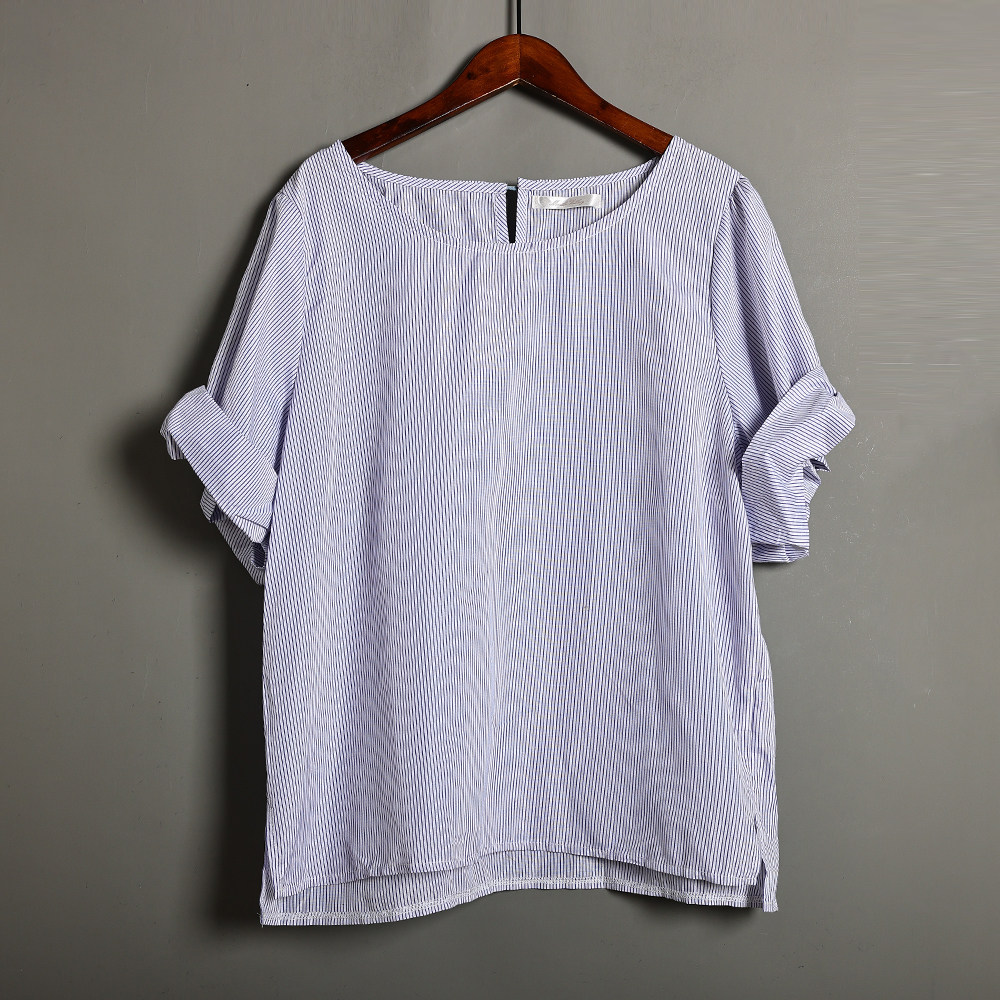 夏季新品女装时尚薄款细条纹圆领套头短袖T恤宽松显瘦休闲上衣潮