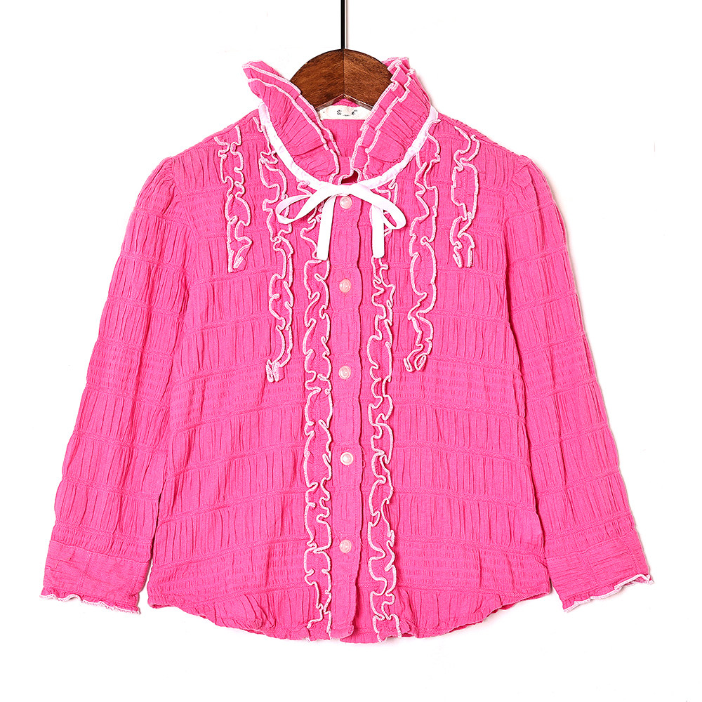 2025年春秋季甜美可爱女童玫红色荷叶边长袖衬衫韩版拼接设计衬衣